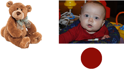 teddy bear on the left side, picture of a baby on the right side, and a red circle beneath the baby