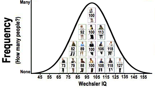 Pictures of 16 people in the sample arranged on a graph with Wechsler IQ scores along the x-axis and Frequency along the y-axis. Highlighting how the bell curve would have tails at the low end and upper end if all 2,200 IQ scores were represented.