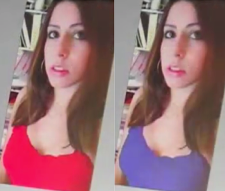 Side by side pictures of same woman wearing a red blouse in one picture and a blue blouse in the other.